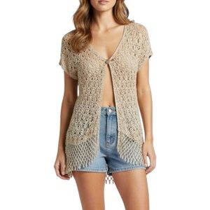 Dunnes Stores Beige Crochet Bead Fringe Open Front Short Sleeve Cardigan Medium